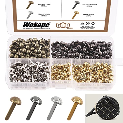 Wokape Paper Fasteners Brads Round Fasteners (Mixed Color-6mm) - 600Pcs 4 Farben 6 * 12MM Mushroom Head Round Paper Fasteners Metal Brads Assortment Kit für Schule Büro Crafts Making DIY-Projekt von Wokape