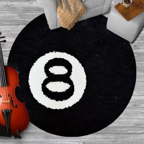 Wokii Simulation Billard 8 Ball Teppich Rund Tufting Weich Stuhl Pad Anti-Rutsch Badematte Kinder Schlafzimmer Schwarz Teppich Dekor Teppiche Schwarz Kreis Teppiche für Wohnzimmer Party Dekorationen von Wokii