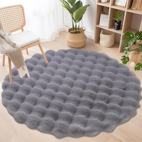 Wokuaile Hochflor Flauschig Teppich Rund Anti-Rutsch Kunstfell Waschbar Weich Teppich für Wohnzimmer Schlafzimmer Kinderzimmer Grau, 70 cm von Wokuaile