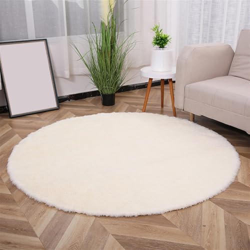 Wokuaile Hochflor Teppich Wohnzimmer Rund Waschbar Flauschig Weich rutschfest Teppich für Schlafzimmer Kinderzimmer Bettvorleger Beige, 80 cm von Wokuaile