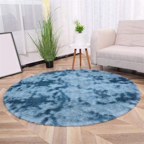 Wokuaile Hochflor Teppich Wohnzimmer Rund Waschbar Flauschig Weich rutschfest Teppich für Schlafzimmer Kinderzimmer Bettvorleger Tie-Dyed Blau, 60 cm von Wokuaile