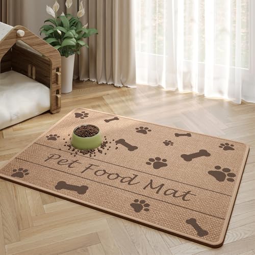 Wokuaile Napfunterlage für Hunde und Katzen Saugfähige Schnelltrocknend Hundenapf Futternapf Unterlage Waterafstotend Futtermatte Khaki Knochen, 50 x 70 cm von Wokuaile