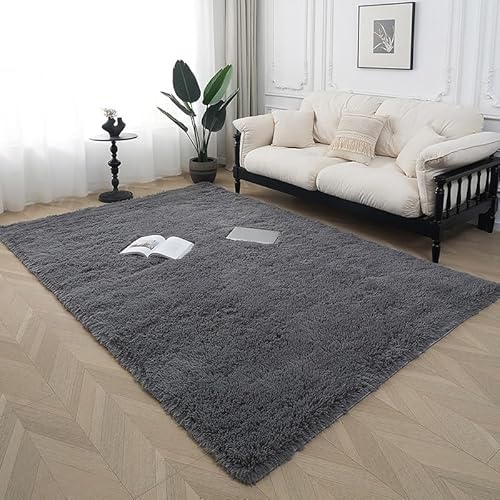 Wokuaile Teppich Schlafzimmer Grau Waschbar Flauschig Hochflor Shaggy Teppich Wohnzimmer Waschbar Anti-Rutsch für Kinderzimmer 100 x 200 cm von Wokuaile