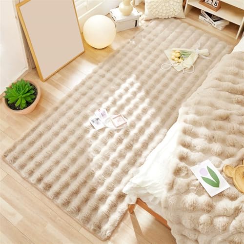Wokuaile Wohnzimmer Teppich Hochflor Kunstfell Flauschig Waschbar rutschfest Teppich für Schlafzimmer Kinderzimmer Bettvorleger Khaki, 90 x 160 cm von Wokuaile