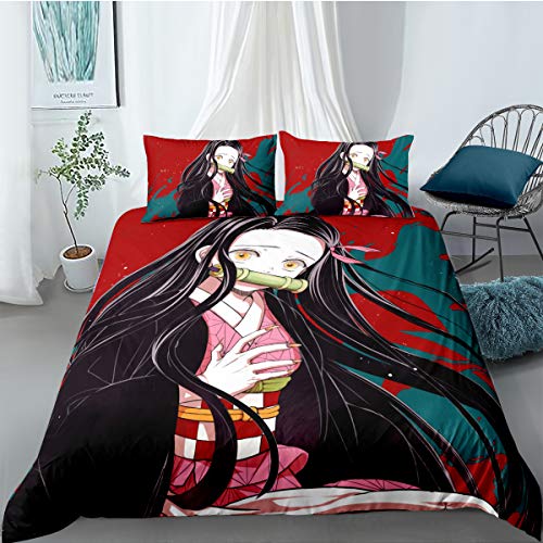 WolWes Demon Bettwäsche 135x200+80×80, Anime Bettwäsche-Set, Slayer Bettbezug Für Jugendliche Cartoon Mikrofaser 3D Drucken Bettbezug (C2, 135×200cm) von WolWes