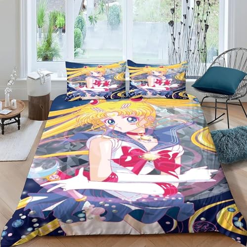 WolWes Sailor Bettwäsche 135×200CM,Kinder Bettbezug Set Mit Kissenbezügen 80×80 cm，Japanisches Anime Moon Girl,Mikrofaser Bettbezug, Für Kinder Jungen und Mädchen（C4） von WolWes