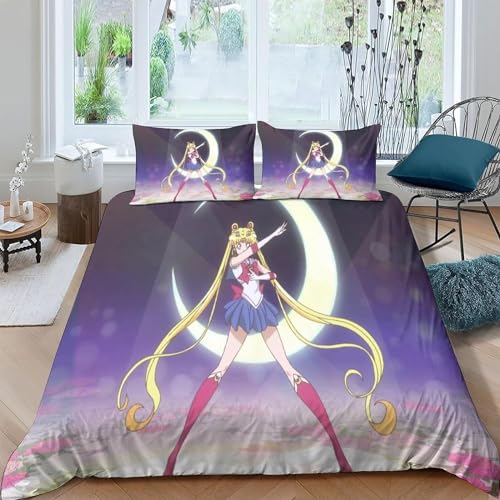 WolWes Sailor Bettwäsche 135×200CM,Kinder Bettbezug Set Mit Kissenbezügen 80×80 cm，Japanisches Anime Moon Girl,Mikrofaser Bettbezug, Für Kinder Jungen und Mädchen（C7） von WolWes