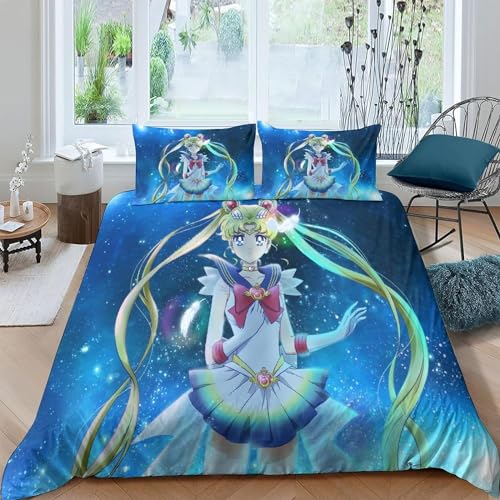 WolWes Sailor Bettwäsche 135×200CM,Kinder Bettbezug Set Mit Kissenbezügen 80×80 cm，Japanisches Anime Moon Girl,Mikrofaser Bettbezug, Für Kinder Jungen und Mädchen（C1） von WolWes