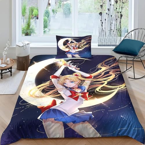 WolWes Sailor Bettwäsche 135×200CM,Kinder Bettbezug Set Mit Kissenbezügen 80×80 cm，Japanisches Anime Moon Girl,Mikrofaser Bettbezug, Für Kinder Jungen und Mädchen（C11） von WolWes