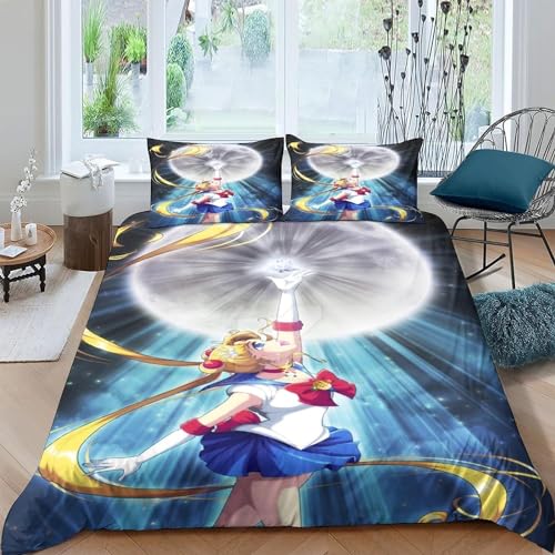 WolWes Sailor Bettwäsche 135×200CM,Kinder Bettbezug Set Mit Kissenbezügen 80×80 cm，Japanisches Anime Moon Girl,Mikrofaser Bettbezug, Für Kinder Jungen und Mädchen（C2） von WolWes