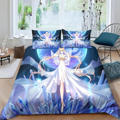 WolWes Sailor Bettwäsche 135×200CM,Kinder Bettbezug Set Mit Kissenbezügen 80×80 cm，Japanisches Anime Moon Girl,Mikrofaser Bettbezug, Für Kinder Jungen und Mädchen（C5） von WolWes