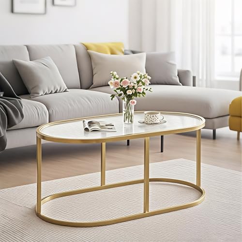Couchtisch aus goldfarbenem Glas, Couchtisch für Wohnzimmer, ovaler Glastisch mit gerippter Glasplatte und stabilem Metallrahmen, moderner Glas-Akzenttisch für Schlafzimmer, Heimbüro Couchtisch aus goldfarbenem Glas, Couchtisch für Wohnzimmer, ovaler Glastisch mit gerippter Glasplatte und stabilem Metallrahmen, moderner Glas-Akzenttisch für Schlafzimmer, Heimbüro von Wolawu