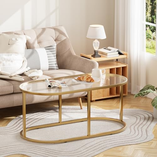 Couchtisch aus goldfarbenem Glas, Couchtische für Wohnzimmer, ovaler Tisch mit stabilem Metallrahmen, moderner Akzenttische aus gehärtetem Glas für Schlafzimmer, Heimbüro von Wolawu