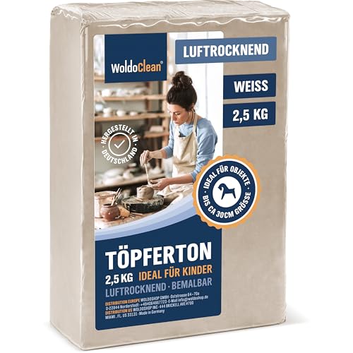 Modelliermasse lufttrocknend weiß 2.5kg - Bastelton für Kinder & Erwachsene, lufttrocknend, wetterfest & bemalbar sowie fein & geschmeidig von WoldoClean