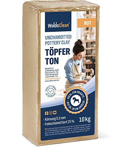 Töpferton 10kg rot lufttrocknend, geschmeidig & weich - Modellierton für Kinder & Erwachsene, ideal zum Formen & Töpfern von WoldoClean