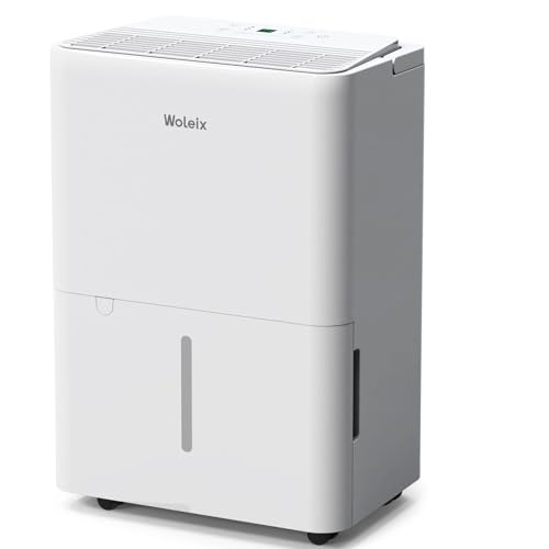 Woleix elektrischer Luftentfeuchter mit Strom 12 L/Tag mit 1 m Ablaufschlauch, Entfeuchter für Keller, Raumentfeuchter mit 24H-Timer, abnehmbare Rollen von Woleix