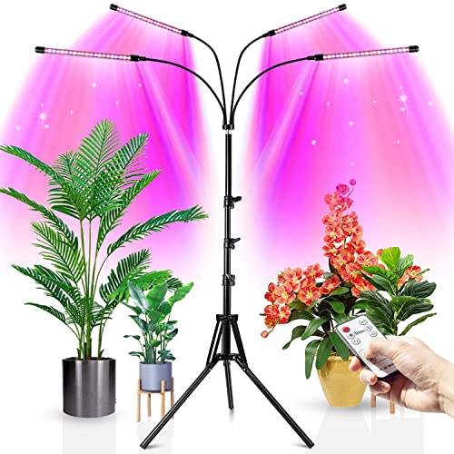 wolezek LED Pflanzenlampe mit Ständer, Bodenpflanzenlicht Vollspektrum 4 Köpfe für Zimmerpflanzen,Grow Lamp Tripod einstellbar15-61Inch,Timing 4/8/12H,3 Modi & 10-stufige Helligkeit von wolezek