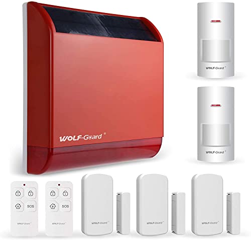 Wolf-Guard Wireless Solar Sirene Alarm (110dB), integrierter Akku, Manipulationsalarm, kabelloser Hausalarm mit 2 Bewegungsmeldern, 3 Türsensoren und 2 Fernbedienungen von Wolf Guard