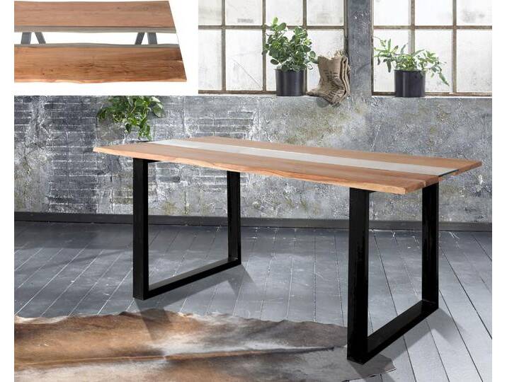 WOLFMÖBEL »Guru« Massivholz Baumkante Esstisch mit Glaseinsatz 175x90 cm von Wolf-Möbel