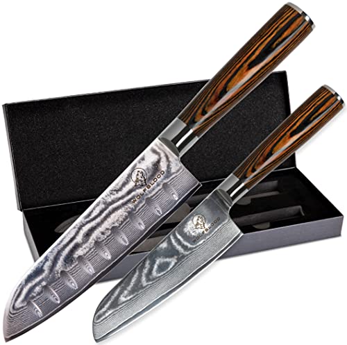 Wolfblood 2er Damastmesser-Set (30cm und 24cm) Profi Santoku Damast-Küchenmesser aus echtem 67 Lagen Damaststahl I Santoku-Damastmesser Set mit Holzgriff Geschenkbox & Klingenschutz von Wolfblood