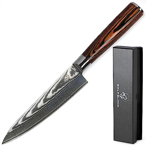 Wolfblood Damastmesser Damast-Küchenmesser L(26cm) Profi Küchenmesser aus echtem 67 Lagen Damaststahl I Damast-Kochmesser Chefmesser mit Holzgriff Geschenkbox & Klingenschutz von Wolfblood