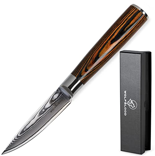 Wolfblood Damastmesser Officemesser (20cm) Schälmesser Profi-Kochmesser aus echtem 67 Lagen Damaststahl I Damast-Küchenmesser Obstmesser mit Holzgriff Geschenkbox & Klingenschutz von Wolfblood