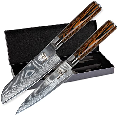 Wolfblood Damastmesser-Set 2er (24cm) Profi-Damast-Küchenmesser aus 67 Lagen Damaststahl I - mit Chefmesser Santoku Messer Holzgriff Geschenkbox und Klingenschutz von Wolfblood