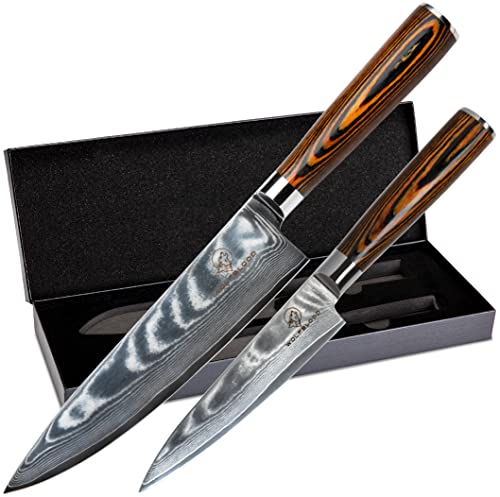 Wolfblood 2er Damastmesser-Set (32cm und 24cm) Profi Damast-Küchenmesser aus echtem 67 Lagen Damaststahl I Küchenmesser Set mit Chefmesser Kochmesser Holzgriff Geschenkbox und Klingenschutz von Wolfblood