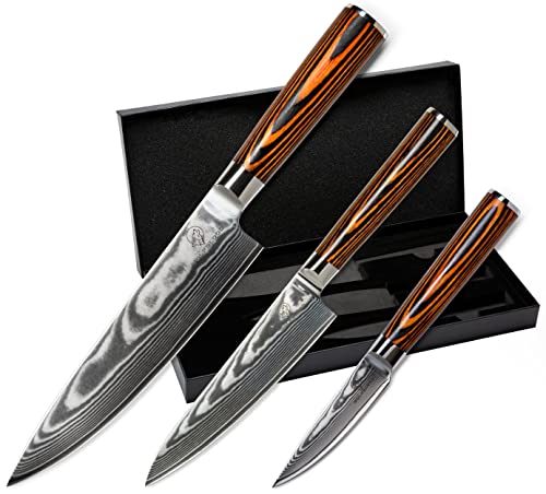 Wolfblood 3er Damastmesser-Set (32, 26 und 20cm) Profi Damast-Küchenmesser Set aus echtem 67 Lagen Damaststahl I Damastmesser Set mit Chefmesser, Office Messer, Holzgriff, Geschenkbox & Klingenschutz von Wolfblood