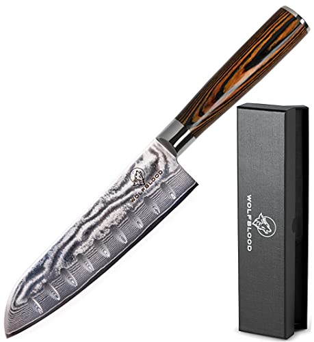 Wolfblood Damastmesser Santoku Messer XL(30cm) Profi-Kochmesser aus echtem 67 Lagen Damaststahl I Damast-Küchenmesser Santokumesser mit Holzgriff Geschenkbox und Klingenschutz von Wolfblood