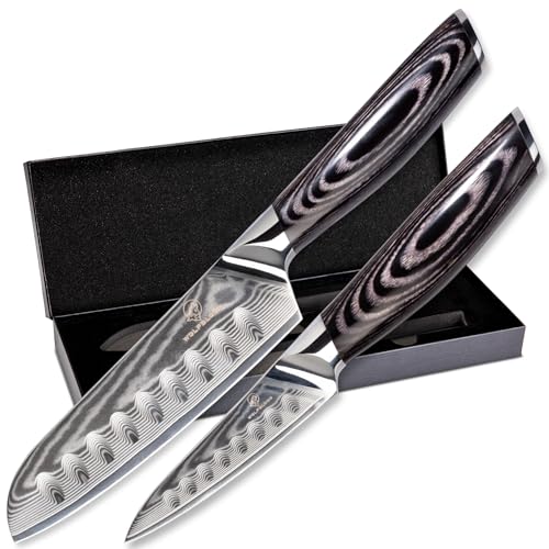 Wolfblood PRO 2er Damastmesser Set L (23cm und 19cm) Profi Damast Küchenmesser Set aus echtem 67 Lagen Damaststahl I Santokumesser & Kochmesser mit Holzgriff Geschenkbox und Klingenschutz von Wolfblood