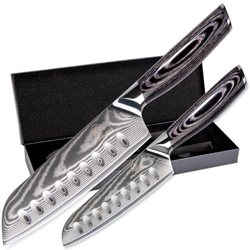 Wolfblood PRO 2er Damastmesser Set XL (31cm und 23cm) Profi Damast Küchenmesser Set aus echtem 67 Lagen Damaststahl I Santokumesser Set mit Holzgriff Geschenkbox und Klingenschutz von Wolfblood