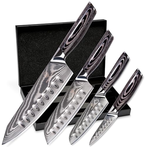 Wolfblood PRO 4er Damastmesser Set XL (33, 31cm 23cm & 19cm) Profi Damast Küchenmesser Set aus echtem 67 Lagen Damaststahl I Chefmesser & Santokumesser mit Holzgriff Geschenkbox & Klingenschutz von Wolfblood