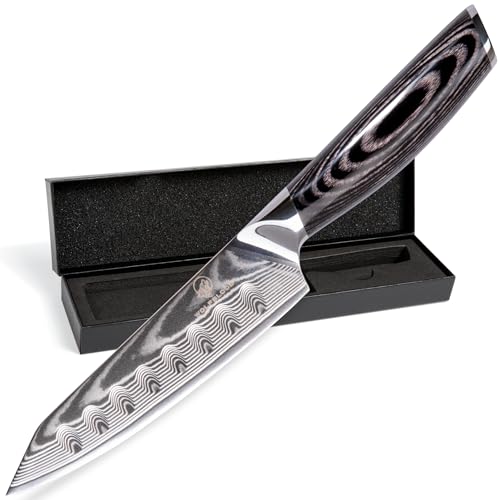 Wolfblood PRO Damastmesser Damast Küchenmesser L(23cm) Profi Santokumesser aus echtem 67 Lagen Damaststahl I Küchenmesser Chefmesser mit Holzgriff Geschenkbox & Klingenschutz von Wolfblood
