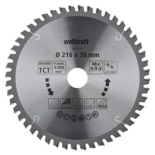 wolfcraft Kapp- und Gehrungssägeblatt ø 216 mm - 6546000 - hohe Zähnezahl für feine, saubere Schnitte - für Vollhölzer, Spanplatten, Sperrholz, ausrissfreie Schnittkanten - diamantgeschliffen von wolfcraft