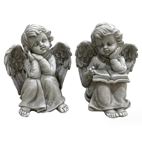2er-Set Deko Engel Figuren, 2 Schutzengel sitzend träumend, Deko Figur Engelpaar, je 9,5 x 9,5 x 13,0 cm, Engelkinder, Engelfiguren, Deko-Engel, Engelchen für den Garten, Grabdekoration, Grabschmuck von Wolfcut