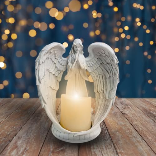 Kerzenhalter Engelsfigur mit Kerze, Engel Teelichthalter, 21,0 x 22,0 cm, Deko Engel Figuren, Engel Figur, Engelsstatue, Grabdeko, Teelicht Kerzenhalter für Tischdekoration Geschenke. von Wolfcut