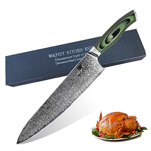 Wolfcut Damascus Chef Messer 25 cm Klingen 67 Lagigen Damaszener Stahl VG10 + G10 Griff Grün mit Geschenkbox Wolfcut Damascus Chef Messer 25 cm Klingen 67 Lagigen Damaszener Stahl VG10 + G10 Griff Grün mit Geschenkbox von Wolfcut