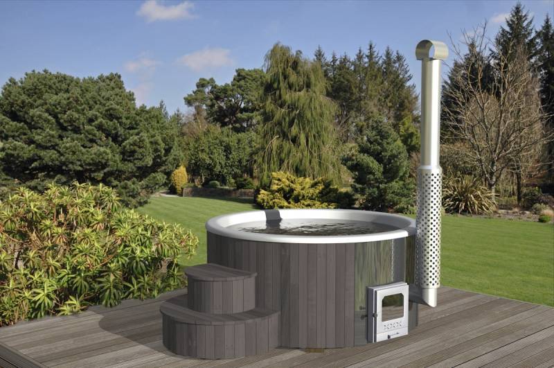 Wolff Finnhaus Badebottich Hot Tub Ø 200 cm Thermoholz mit Außenofen - Ø 200 cm GFK-Einsatz weiß dunkelgrau von Wolff Finnhaus