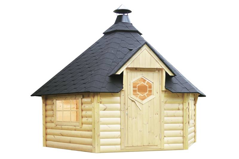 Wolff Finnhaus Grillkota Kalle 3833 45 mm - mit schwarzen Dachschindeln naturbelassen Mit Grillanlage von Wolff Finnhaus