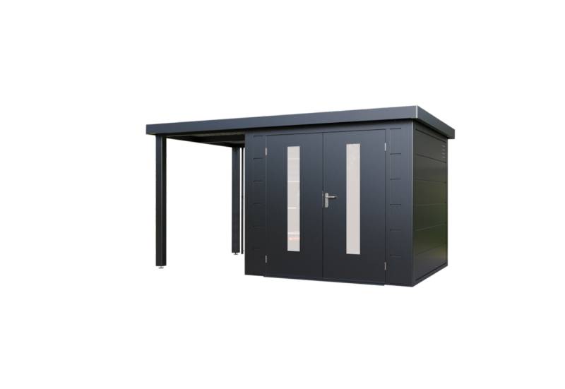 Wolff Finnhaus Premium Metall Gartenhaus Elvar 3924 Anthrazit inkl. 150 cm Anbaudach Lounge-Anbau links von Wolff Finnhaus