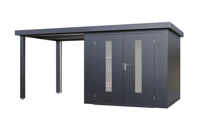 Wolff Finnhaus Premium Metall Gartenhaus Elvar 4824 Anthrazit inkl. 240 cm Anbaudach Lounge-Anbau links von Wolff Finnhaus
