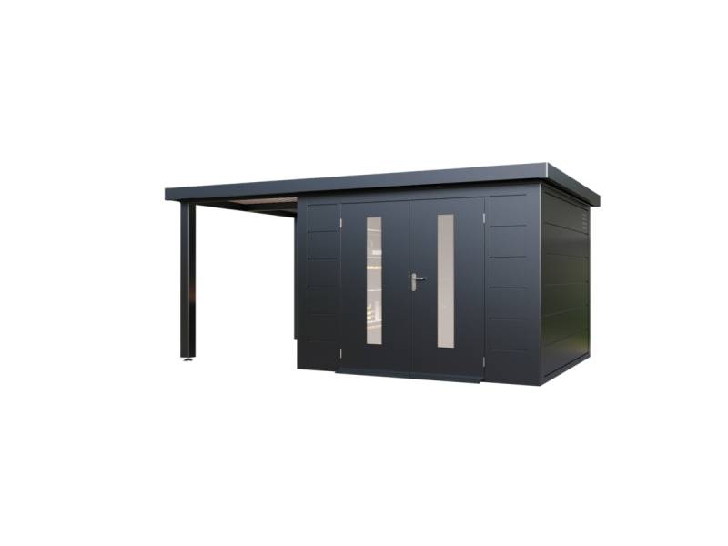 Wolff Finnhaus Premium Metall Gartenhaus Elvar 5424 Anthrazit inkl. 240 cm Anbaudach Lounge-Anbau links von Wolff Finnhaus