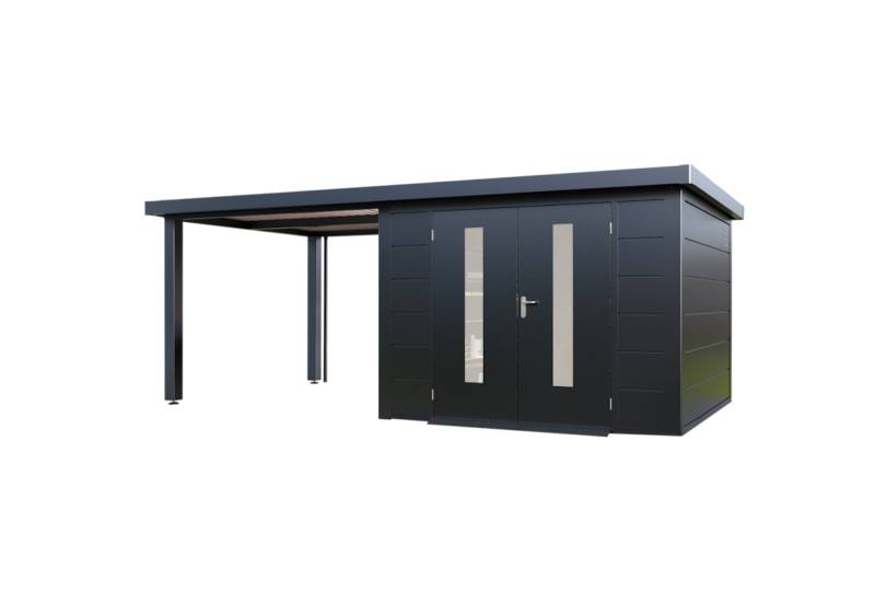 Wolff Finnhaus Premium Metall Gartenhaus Elvar 6030 Anthrazit inkl. 300 cm Anbaudach Lounge-Anbau links von Wolff Finnhaus
