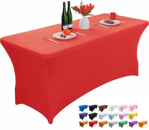 Wolfway 6FT Tiefrot Stretch Spandex Tischdecke waschbar und faltenresistent Küche Spandex Tischtuch ausgestattet rechteckigen Tisch für Party, Bankett, Hochzeiten, Cocktail und Festival von Wolfway