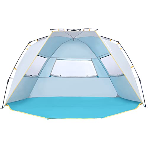 WolfWise 4-5 Person einfach aufzubauendes Strandzelt UPF 50+ tragbarer sofortiger Sonnenschutz Baldachin Regenschirm mit erweiterbarem Vordach mit Reißverschluss, Blau von Wolfwise