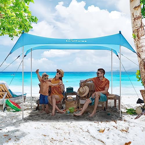 WolfWise UPF50+ Strandzelt mit Sandanker, Sonnenschutz UPF50+ mit Sandschaufel, 2,3 x 2,3 m Strandzelt für 2-6 Personen, einfacher Aufbau, Winddicht, Wasserdicht, Blau, Groß von Wolfwise