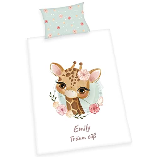 Wolimbo Bettwäsche - Giraffe Motiv - personalisierbar - 100 x 135 cm - Babybettwäsche - Kinderbettwäsche - 100% Baumwolle - Weich von Wolimbo