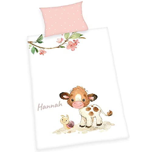 Wolimbo Bettwäsche - Kuh Schnecke Motiv - personalisierbar - 100 x 135 cm - Babybettwäsche - Kinderbettwäsche - 100% Baumwolle - Weich von Wolimbo