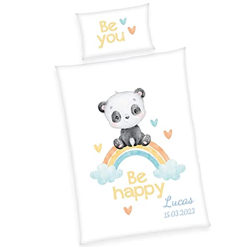 Wolimbo Bettwäsche - Regenbogen Panda Be Happy - personalisierbar - 100 x 135 cm - Babybettwäsche - Kinderbettwäsche - 100% Baumwolle - Weich von Wolimbo